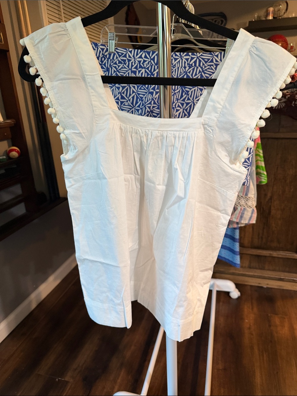 J. Crew White Square-Neck Pom-Pom Sleeve Top